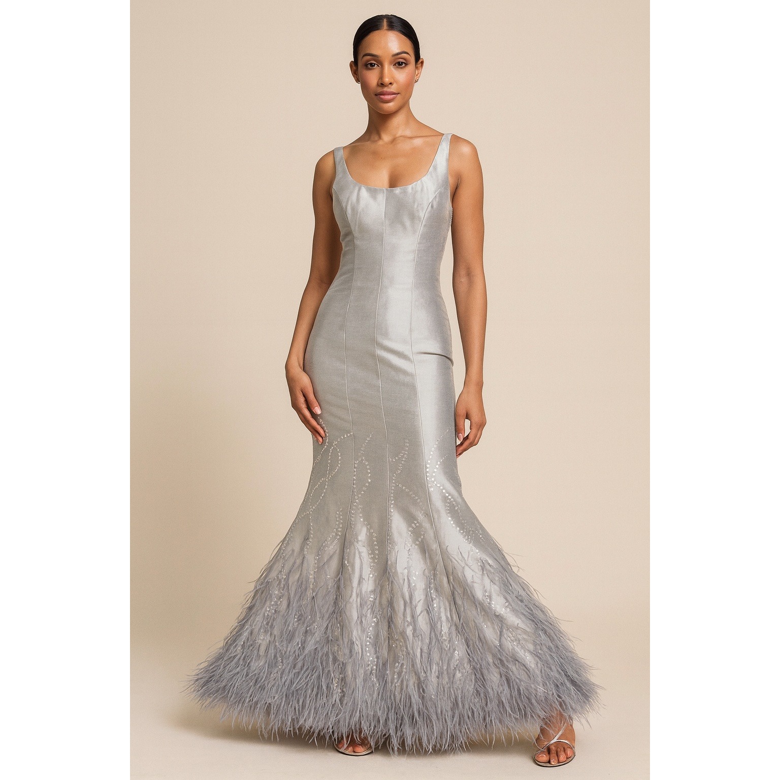 Teri Jon By Rickie Freeman Silver Mermaid Evening Grown - Silk/Wool Blend Size 8